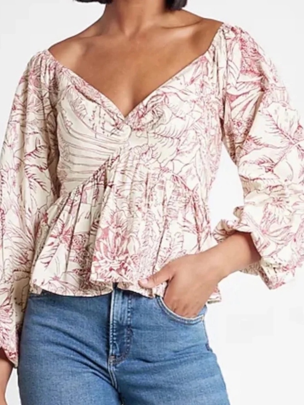 NWT Express Cream and Pink Floral Wrap Peplum Top